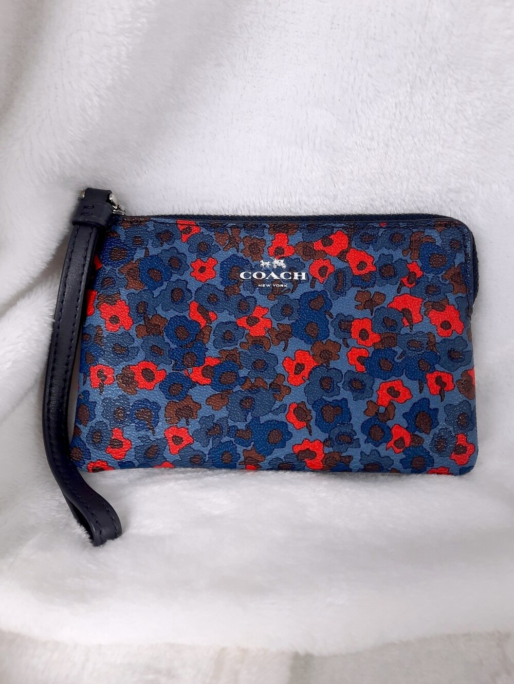 Coach Blue Red Meadow Cluster Floral Wristlet